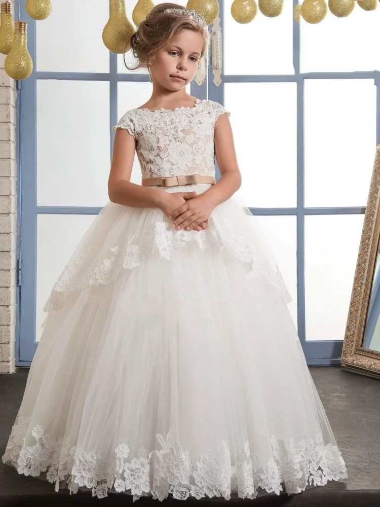 

White Flower Girl Dresses Tulle Puffy Appliques With Bow Short Sleeve For Wedding Birthday Party Banquet First Communion Gowns