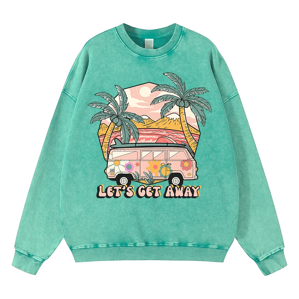 

Vintage Distressed Washing Let'S Get Away Take The Bus Go On Vacation Hoodies Men Fashion Sweatshirt Hoody Loose Cotton Clothing