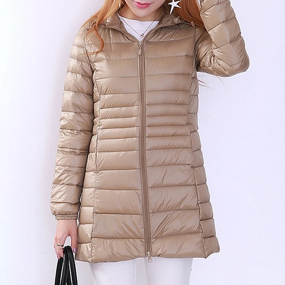 Women's Casual Long down Jacket Autumn Winter Solid Color Zipper Hooded Basic Daily Long Sleeve Outerwear