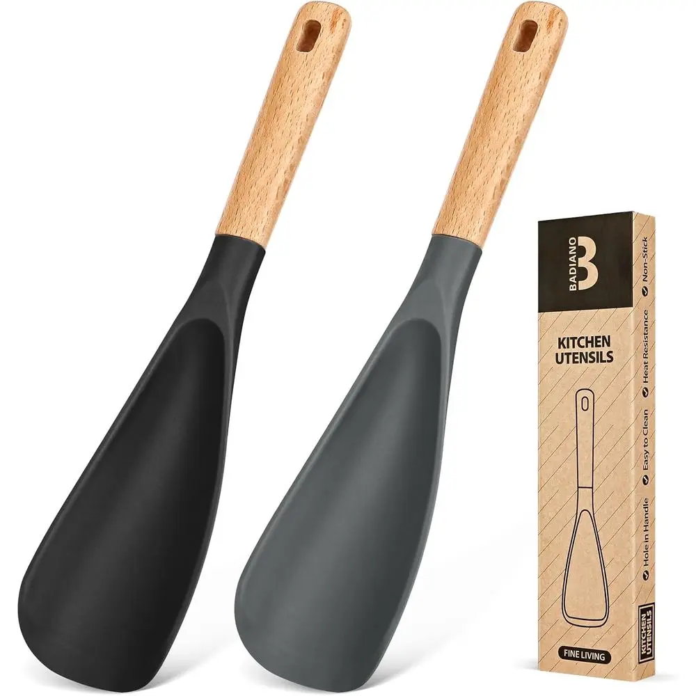 Sturdy BPA-Free Silicone Cooking and Serving Spoon with Wood Handle, 11.4, Black & Grey