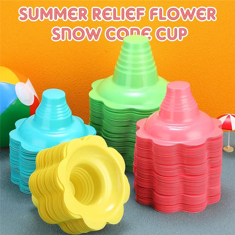 200 piezas de tazas de hielo rasadas coloridas de 4 Oz, tazas de cono de nieve en forma de flor, cuencos de helado de plástico a prueba de fugas-AT64