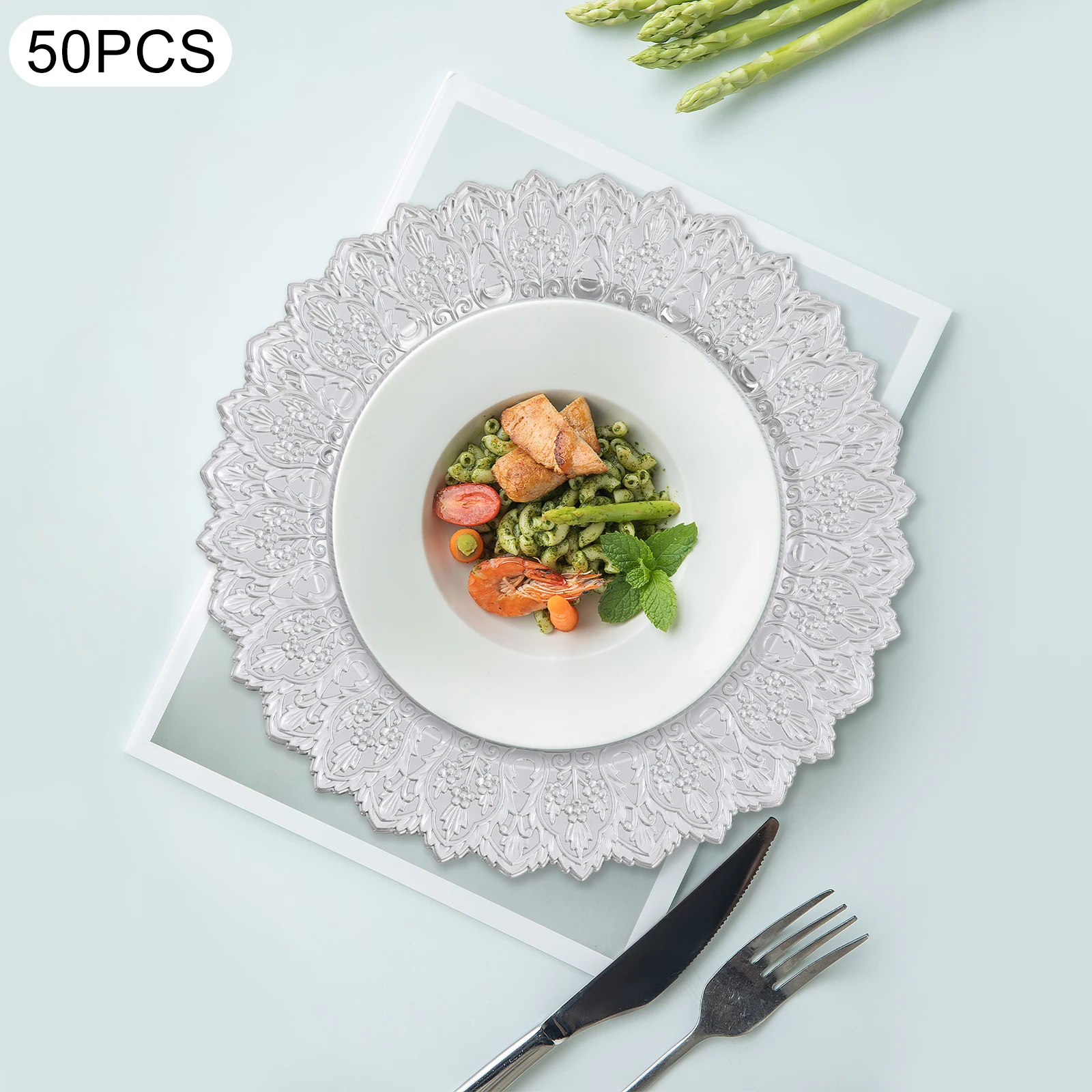 

50 шт. круглая тарелка для зарядного устройства, серебряная, элегантная, винтажная, многоразовая, в стиле вестерн, тарелка для димсам, свадебный банкет, ресторан, декор для ужина, 33 см