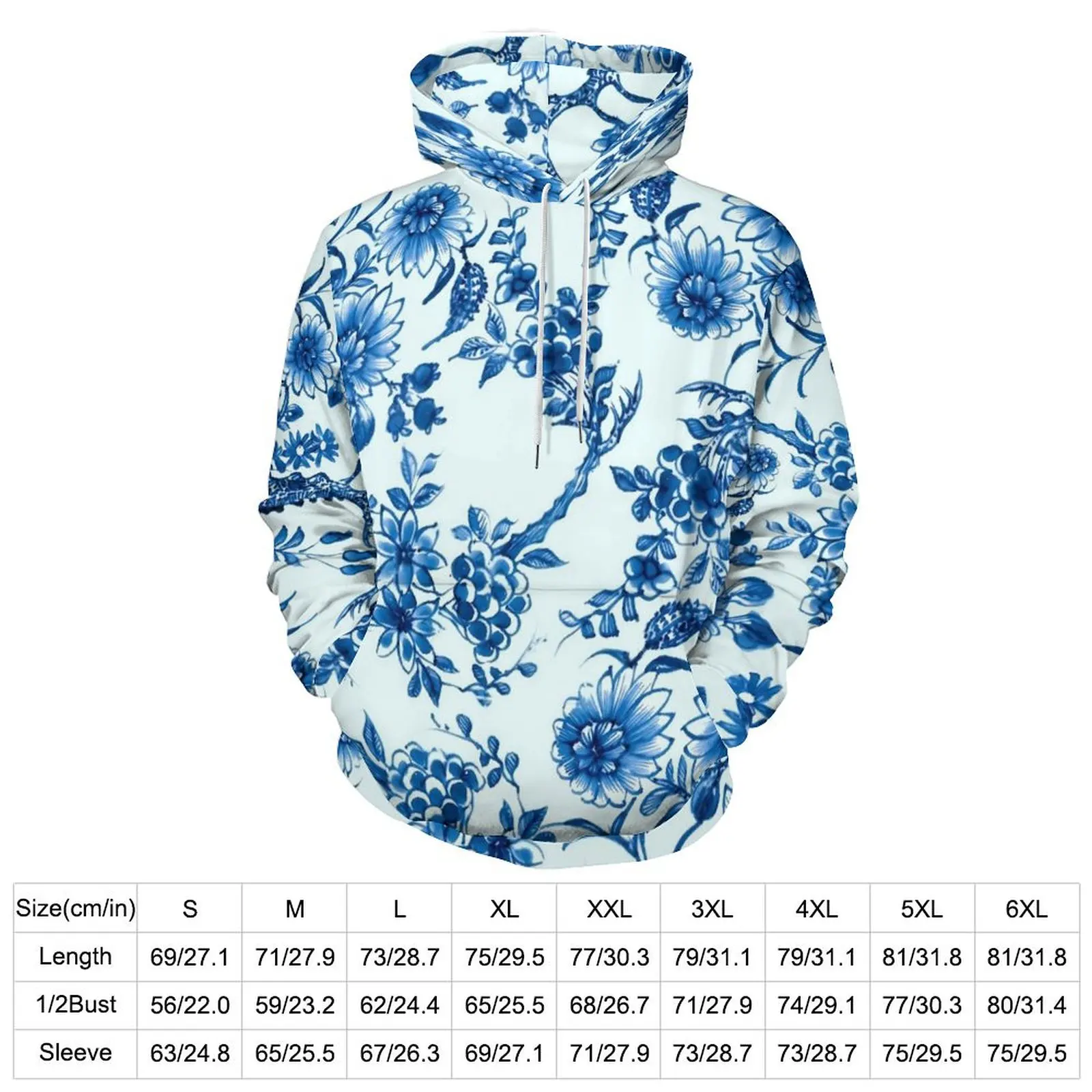 Retro Blue Flower Hoodies Willow Floral Print Street Style Casual Hoodie Long Sleeve Y2k Design Hooded Sweatshirts Birthday Gift