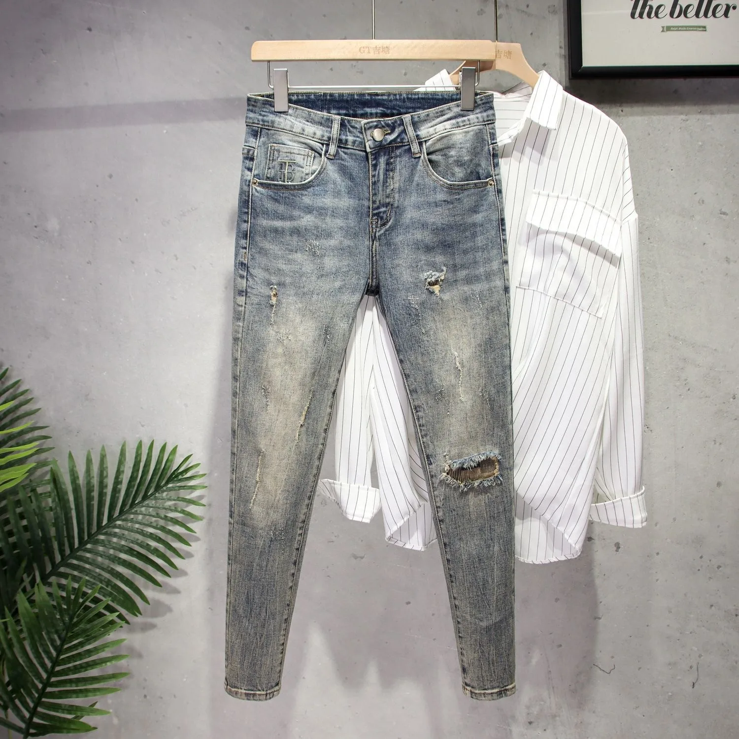 

High Quali Men's Ripped Denim Jeans Summer New Sle Vintage Blue Slim Fit Versatile Trendy Nine-Piece Straight Leg Jeans