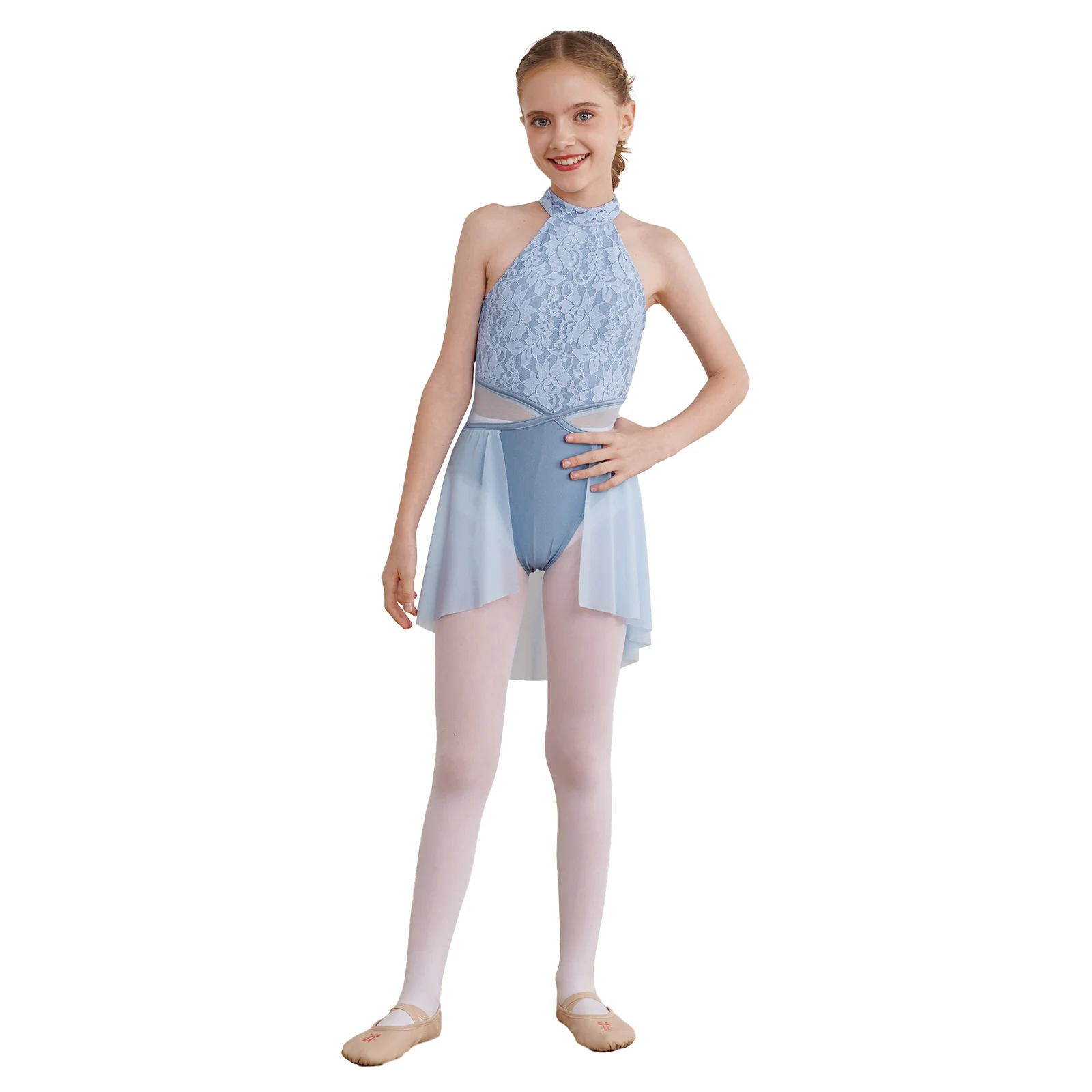 Bailado Feminino Leotards, Ginástica Traje, Renda Alças Floral, Bainha Irregular, Frente Aberta, Dança de Salão, Crianças