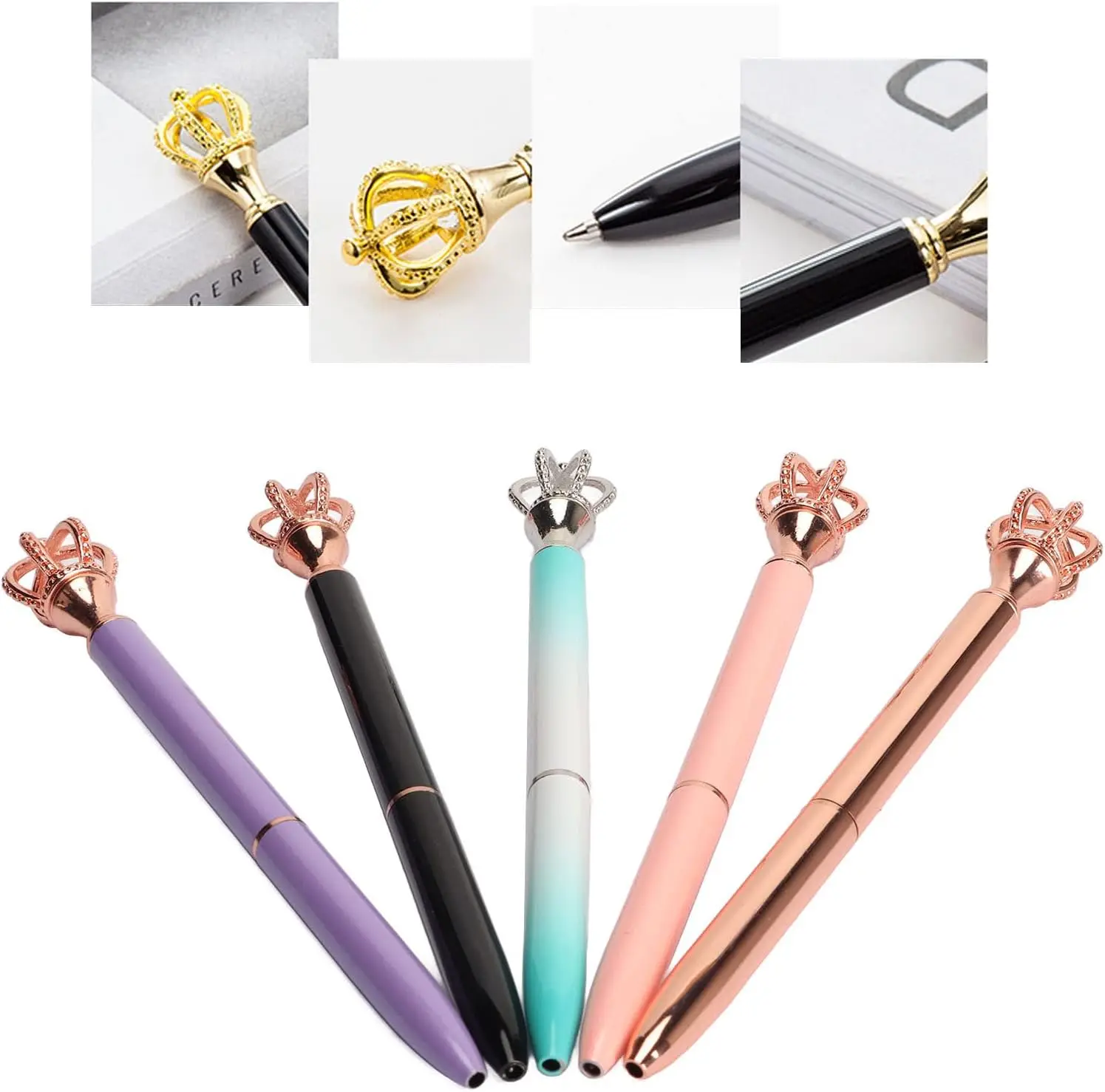 Pack of 5 Ballpoint Pens, Electroplated, Available in Various Colors, Interchangeable Gel Pen with Crown Top for Study, Office