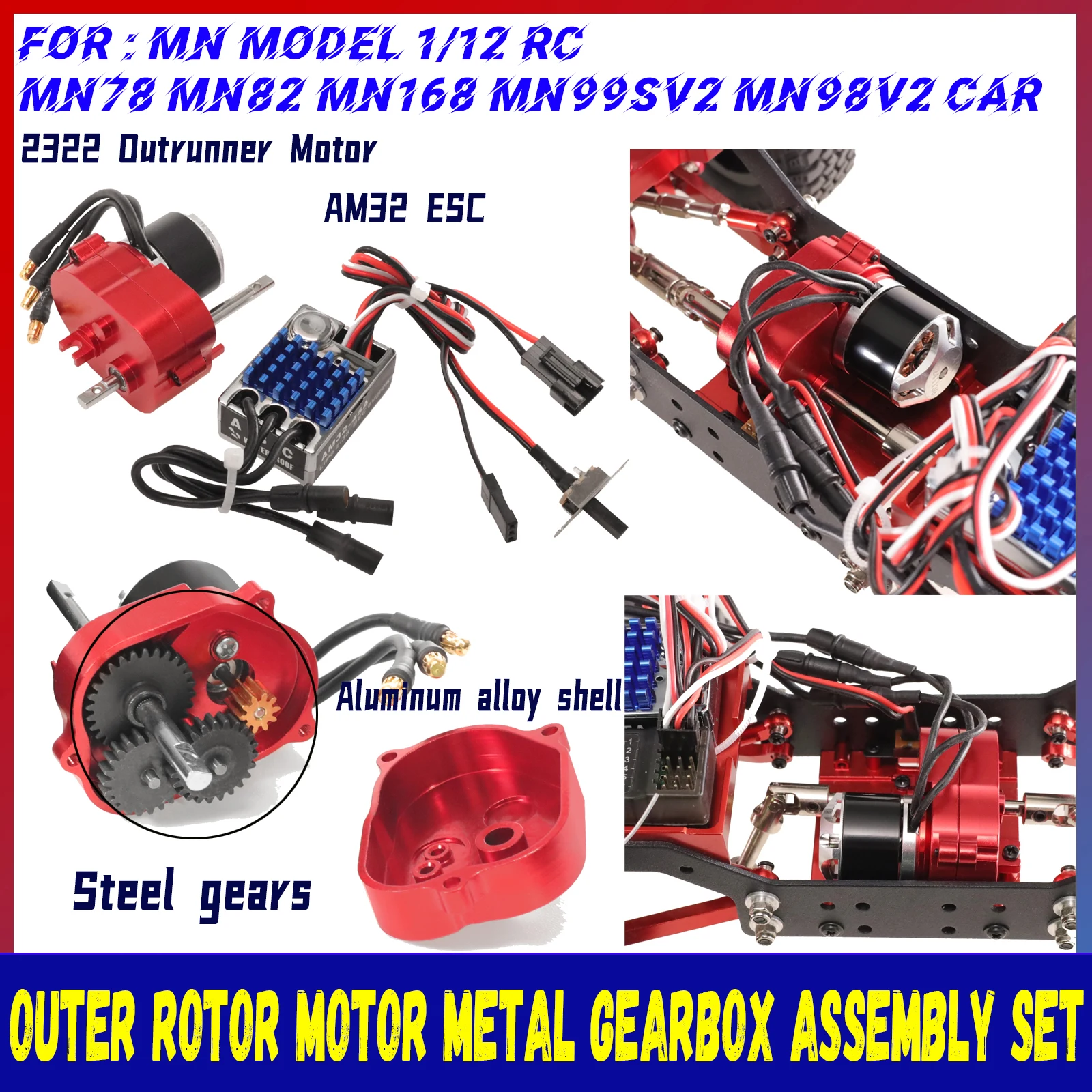 

Full Metal Gearbox Upgrade Kit 2322 2600KV Brushless Motor AM32 45A ESC SM3P Plug for 1/12 RC Crawler CarMN82 MN78 MN168 MN99v2