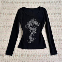 Gothic letter long T-shirt round neck retro rock grunge punk Y2K top versatile slim urban casual Harajuku high street womens top