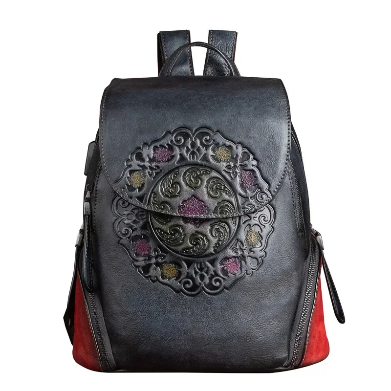 Ladies Fashion Backpack Women Retro Genuine Leather Backpacks Handmade Embossed Vintage Bag