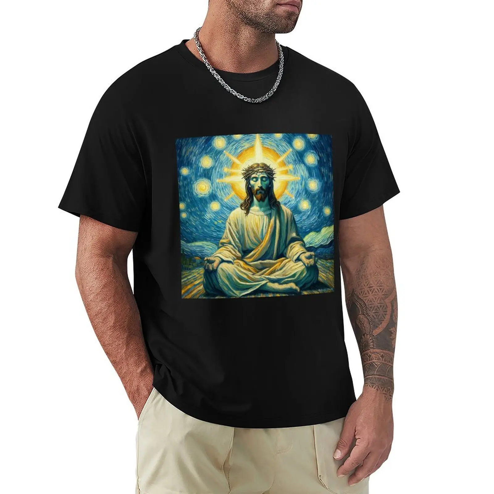 Jesus Meditating - Van Gogh Style T-Shirt Breathable Mesh Panel T-Shirt