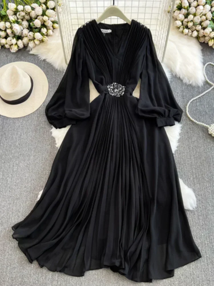 France Casual Summer Elegant Long Dress Women Solid Slim Lantern Sleeve Chiffon Evening Dress Female Chic Fashion Clothing New