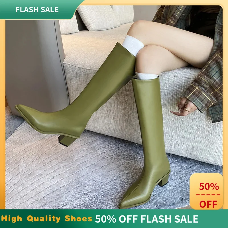 Women Pointed Knee High Fashion Boots Irregular Mid Heel Pigskin Insole Microfiber Lining Coated Split Cow LeatherF253