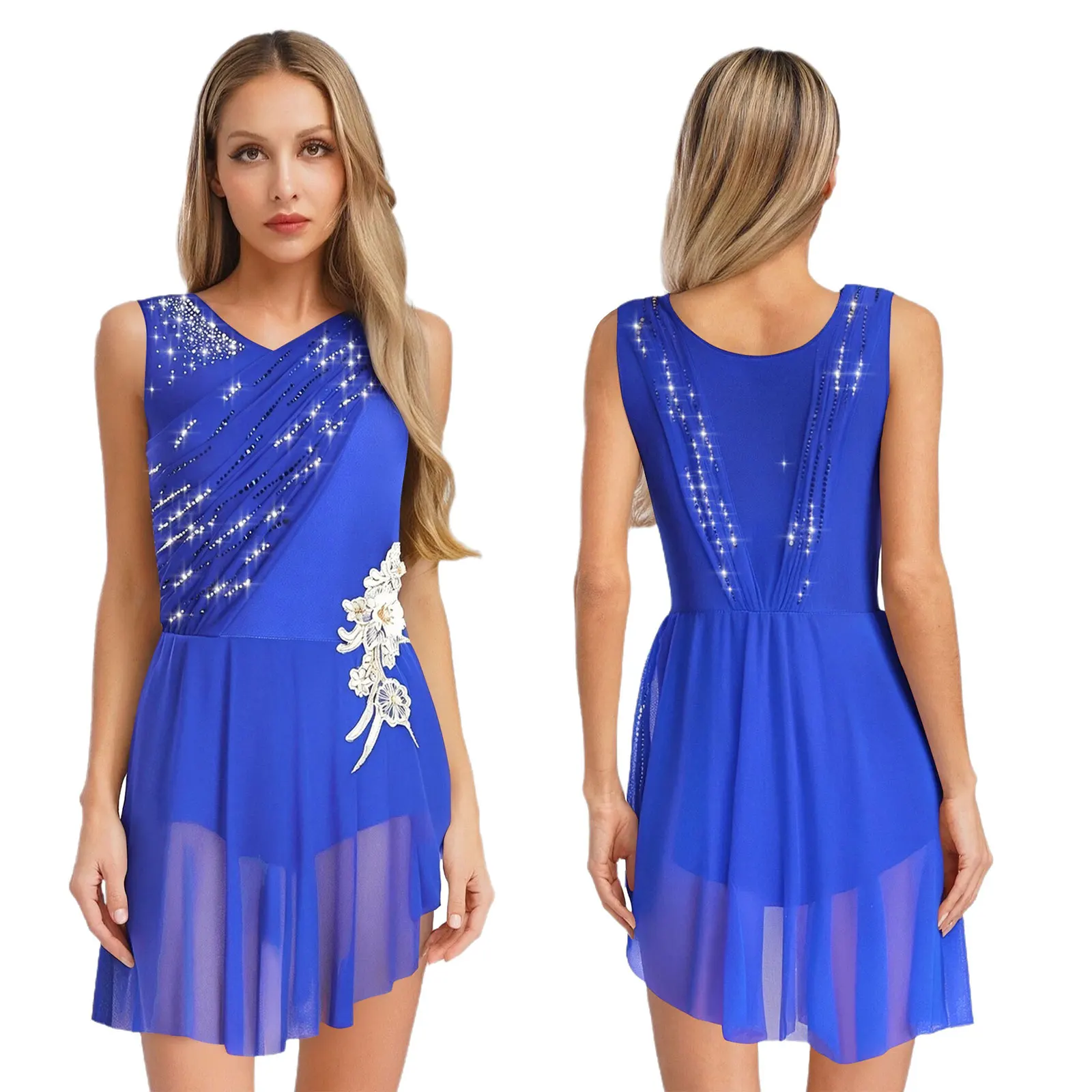 

Skating Dress Performance Women Lyrical Modern Dance Dress Sleeveless Rhinestones Ruched Mesh Overlay Figure Skating Dancewear