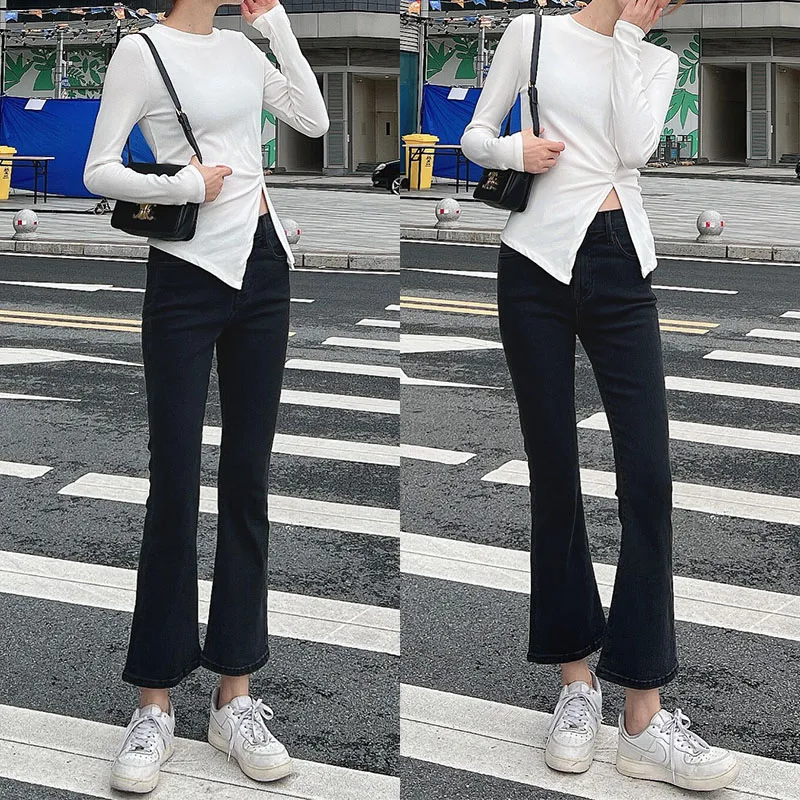 

High Waist Carbon ey Elastic Slimming Nine-Tenths Micro Flared Jeans Women's Versatile Thiened High Waist Jeans