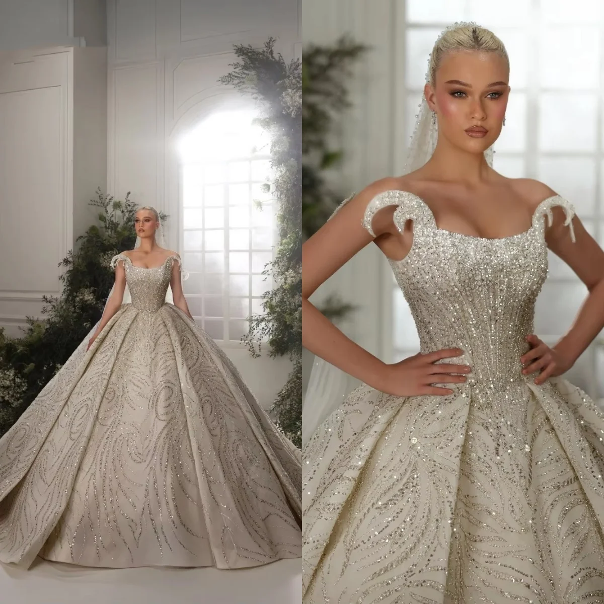 

Sparkly Ball Gown Wedding Dress Sequins Beaded Bridal Gowns Strapless Sleeveless Court Train Customized vestidos de novia