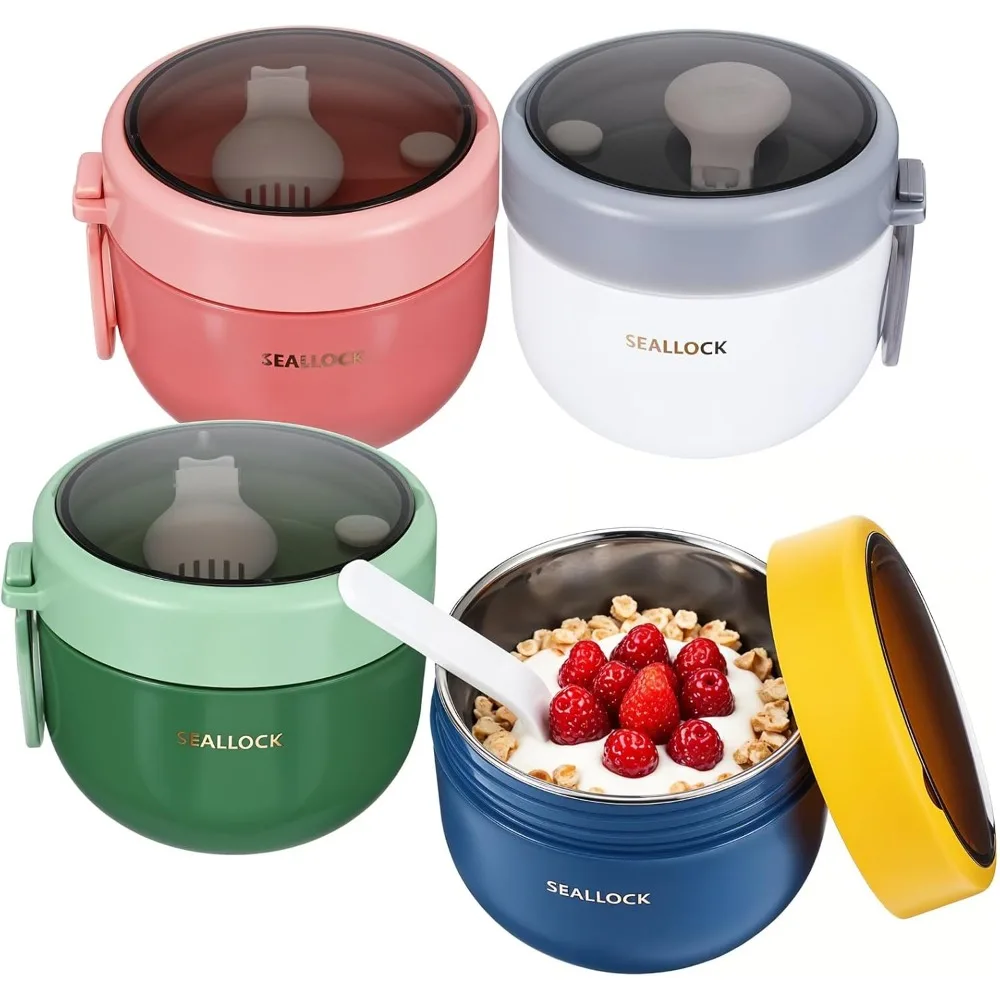 Taza de desayuno con tapa, cucharas de plástico reutilizables, taza de yogur portátil de acero inoxidable para cereales, leche, fruta, ensalada, contenedor de almacenamiento