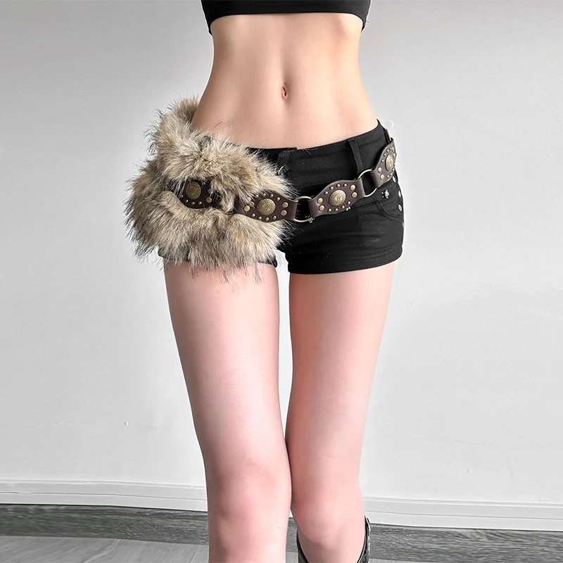Jeans Pants Decor With Chain Punk Fur Belt Super Soft PU Leather Plush Waist Chain Fluffy Personalized Hiphop Jeans Belt New