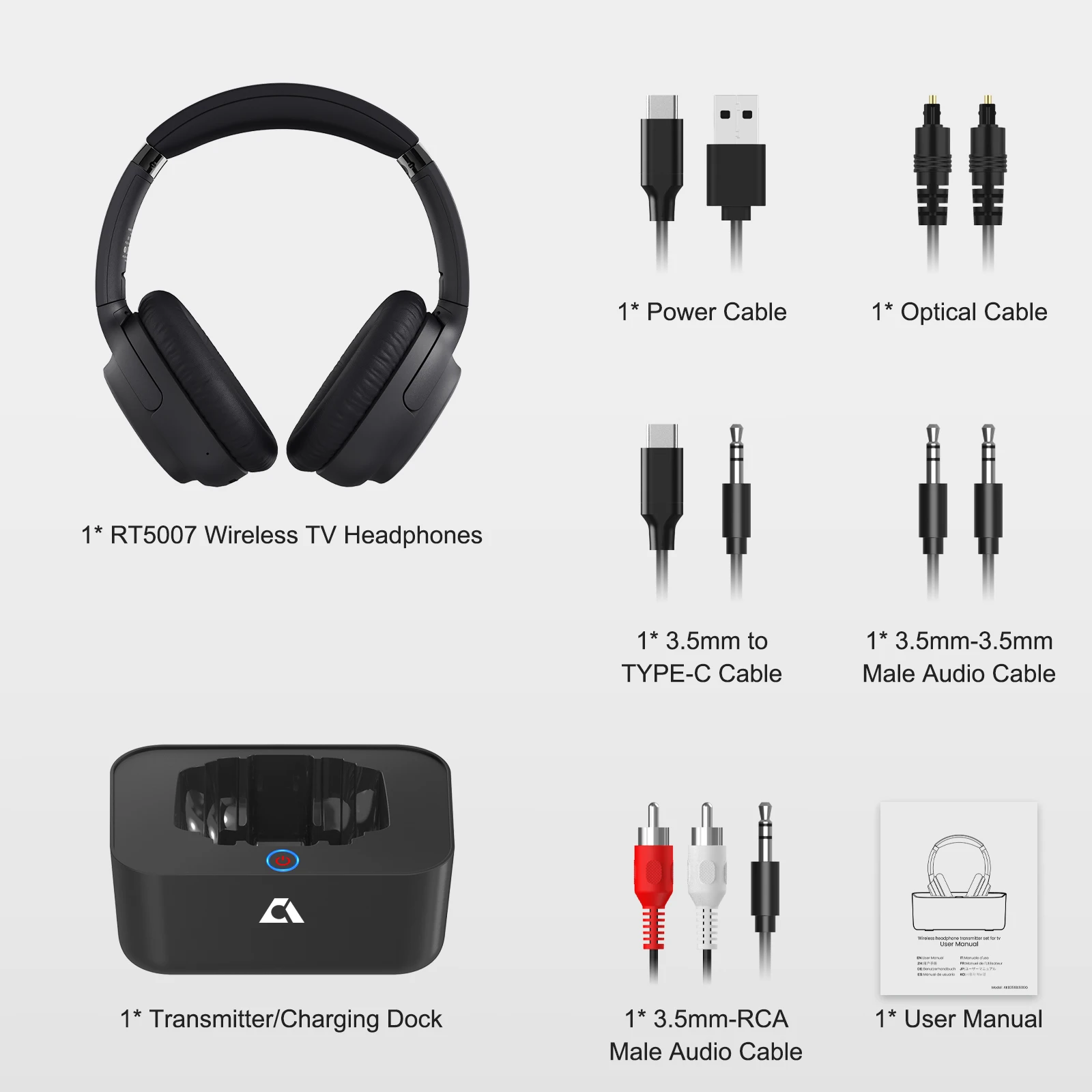 1Mii RT5007 Bluetooth 5.2 Transmitter with Wireless Headphones & Charging Dock,Digital Optical Coaxial 3.5mm AUX Jack,Long Range