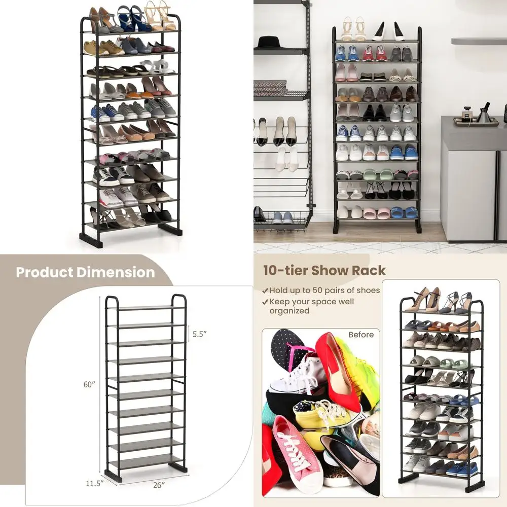 

10-ярусная подставка для обуви, компактный органайзер для хранения, 26 x 11.5 x 60, черный