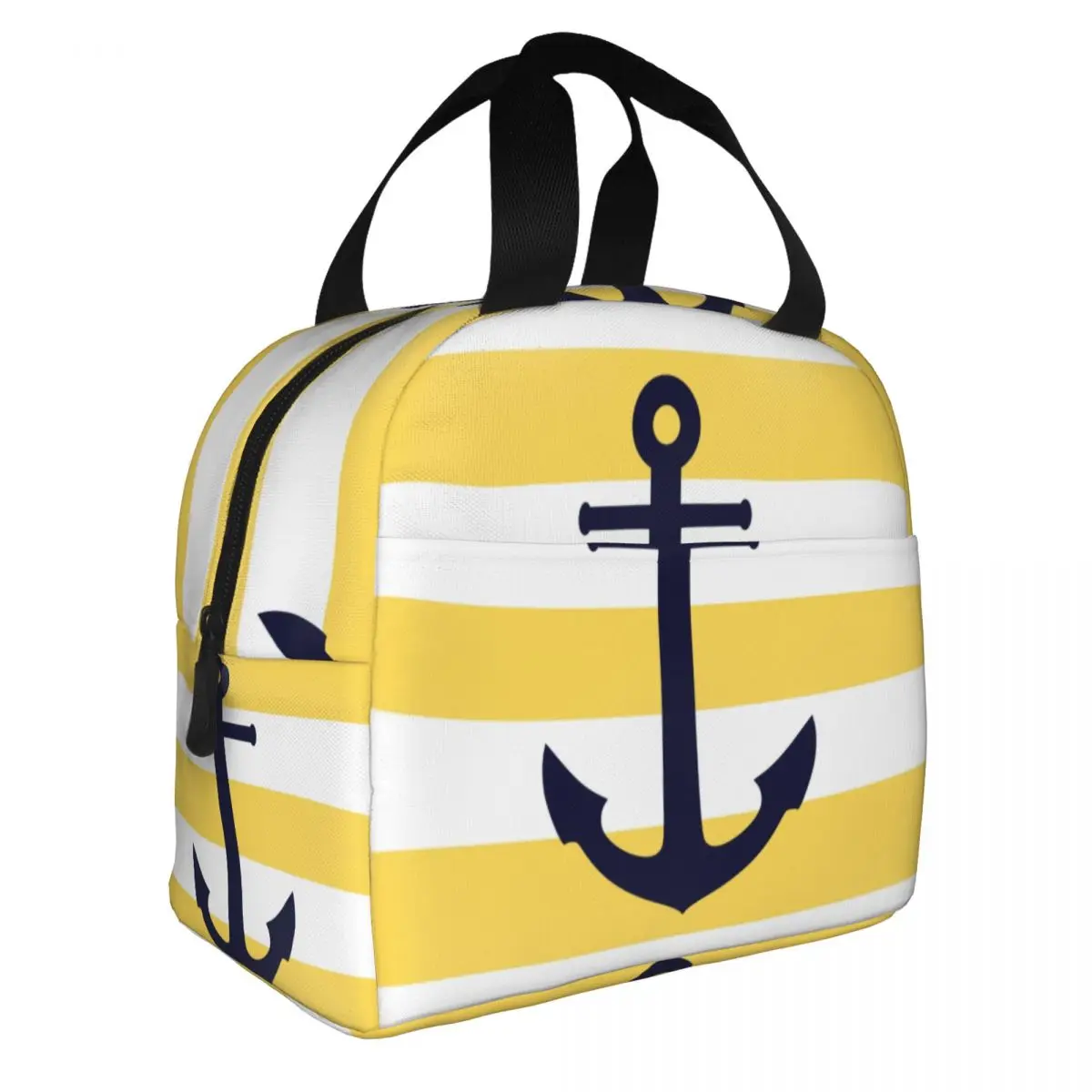 Custom Nautical Navy Blue Anchor Yellow Stripes Insulated Lunch Bag for Women Waterproof Sailing Sailor Cooler Thermal Lunch Box