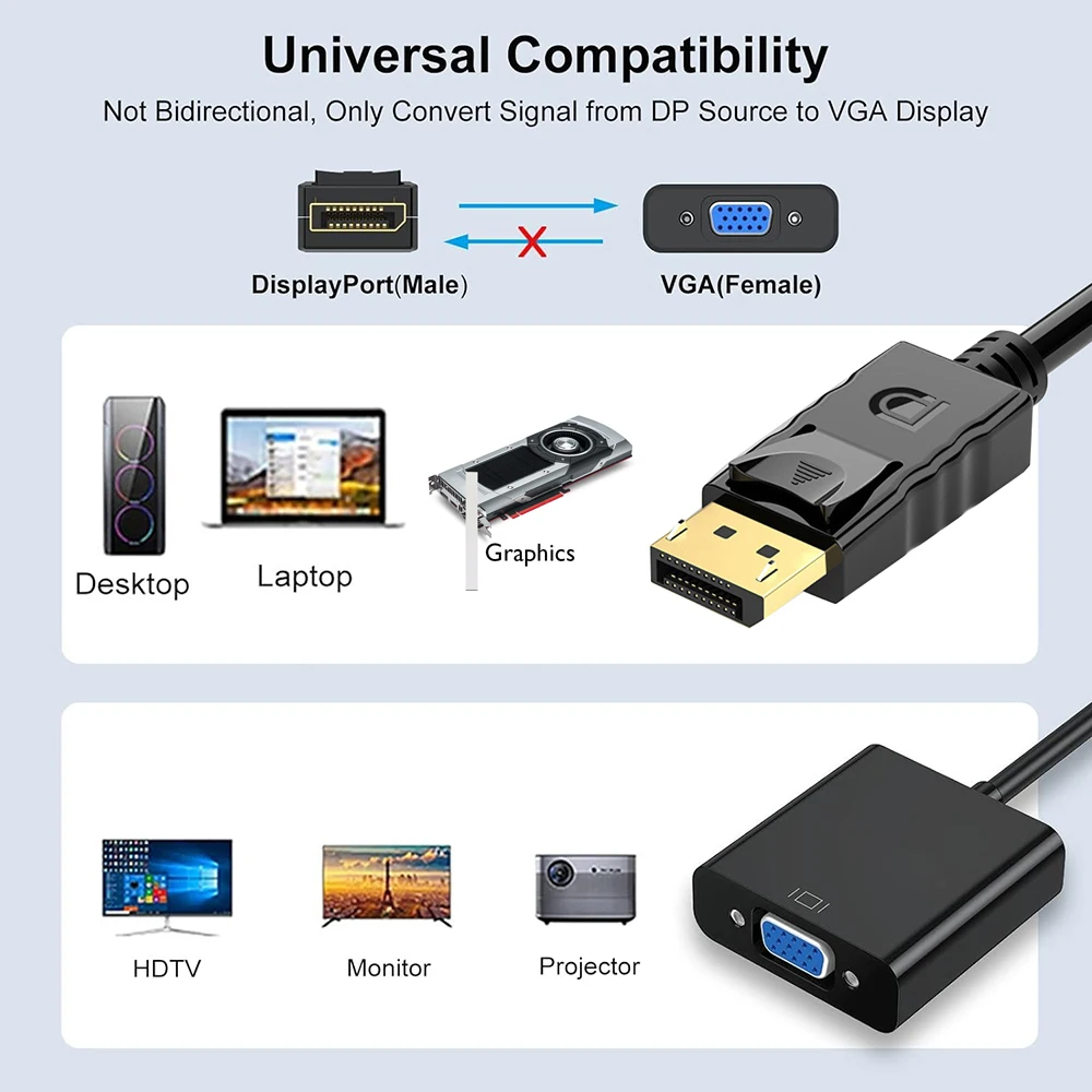 HDmatters DisplayPort to VGA Cable 1080P DisplayPort DP to VGA Adapter Monitor Cable for Nvida AMD HDP Dell Lenovo Asus PC