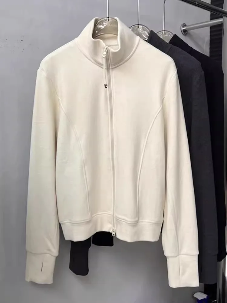 スリムフィットロングスリーブジッパーカーディガン女性の春秋の新作韓国版ダブルジッパースタンドカラースウェットジャケット