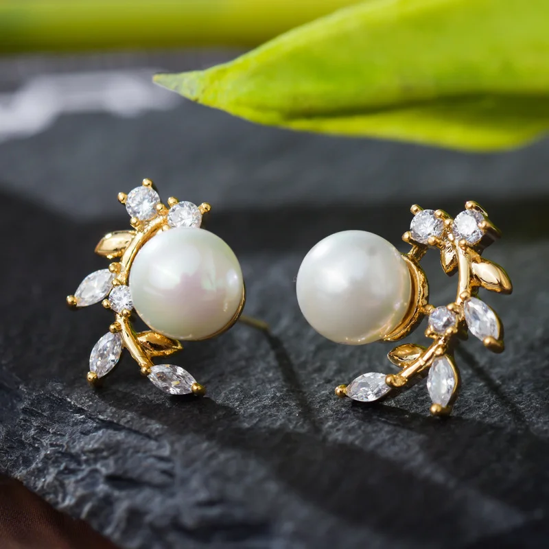 

925 Silver Freshwater Pearl Stud Earrings for Women, Gold Plated Leaf Cubic Zircon Dangle Earrings, Daily Jewelry