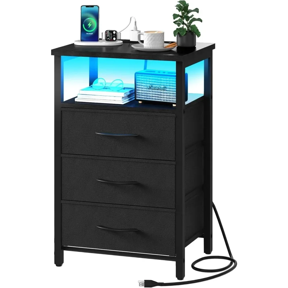 Black Night Stand with LED Lights&Charging Station, End Bedside Table with 3 Drawers, USB Ports and Outlets for Bedroom Living