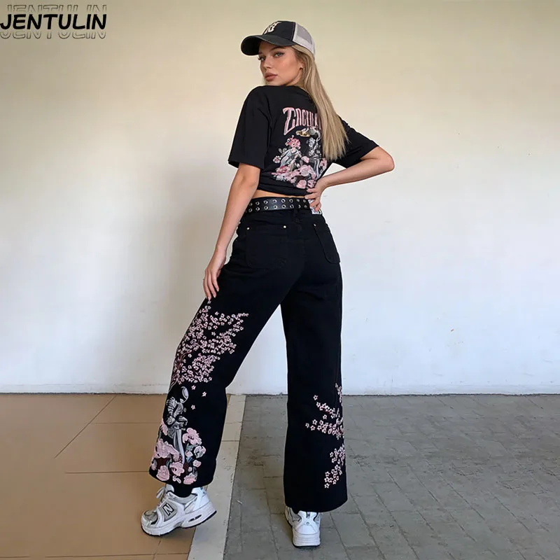 

Мужская одежда: Черные широкие джинсы с высокой талией и вышивкой для женщин, с узором в стиле рыцарей, винтажные Y2K, свободного кроя, джинсовые брюки в уличном стиле