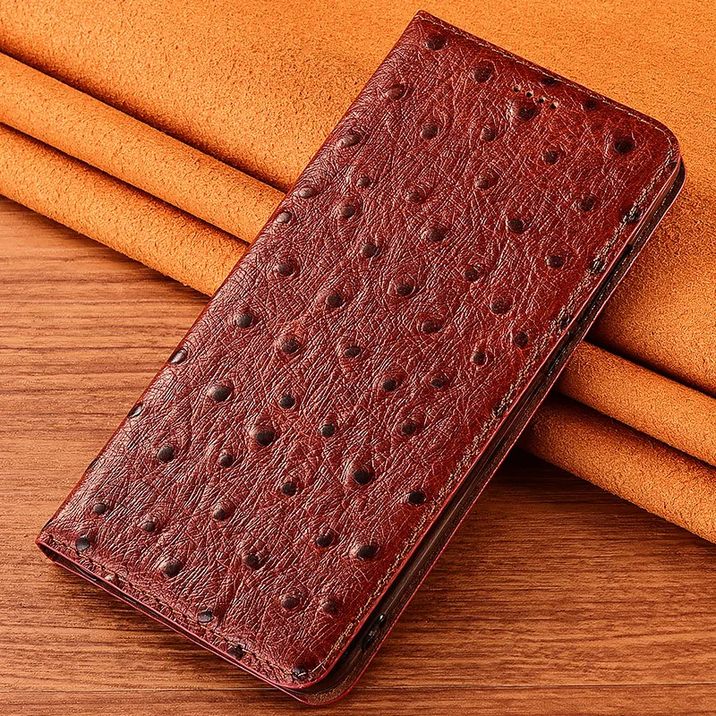 Ostrich Pattern Genuine Leather Phone Case For iPhone 16 Pro Max 13 11 12 14 15 Pro Max 15 Plus 16 Pro Wallet Flip Cover Cases