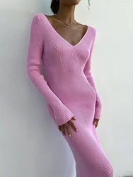 2022 Autumn Winter Women Sweater Knitted Dress V-neck Long Sleeve Slim Fit Bodycon Solid Pink Midi Pencil Dress For Women