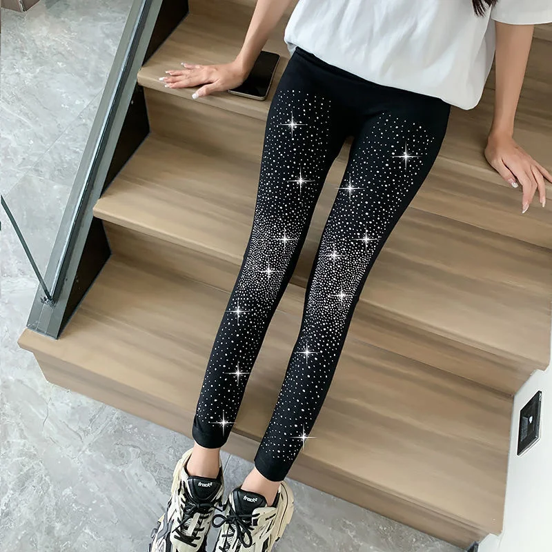 Autumn Winter Sequin Black Party Club Leggings Pants Women Diamonds High Elastic Skinny Warm Trousers