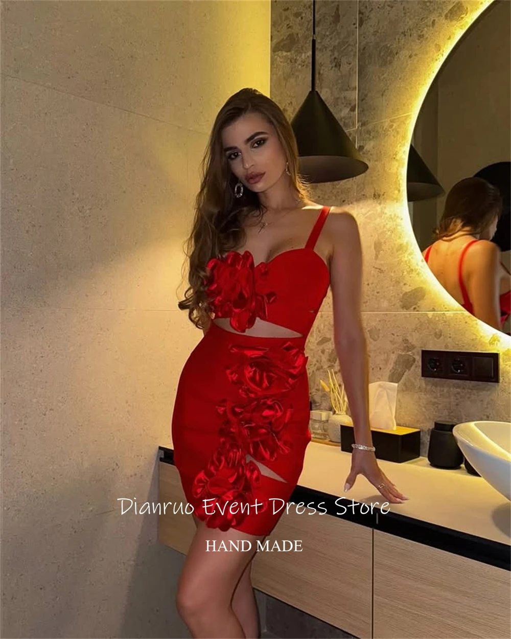 Dianruo chique mini recorte 3d florais vestidos de baile sem mangas vestidos de cocktail bodycon sem costas vestidos de baile personalizado