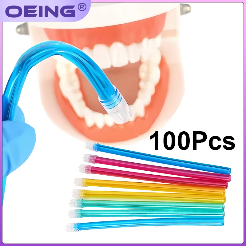 100Pcs Dental Saliva Ejector, Disposable Flexible Drainage Tube, Transparent Tip with Colored Tube, Dental Supplies