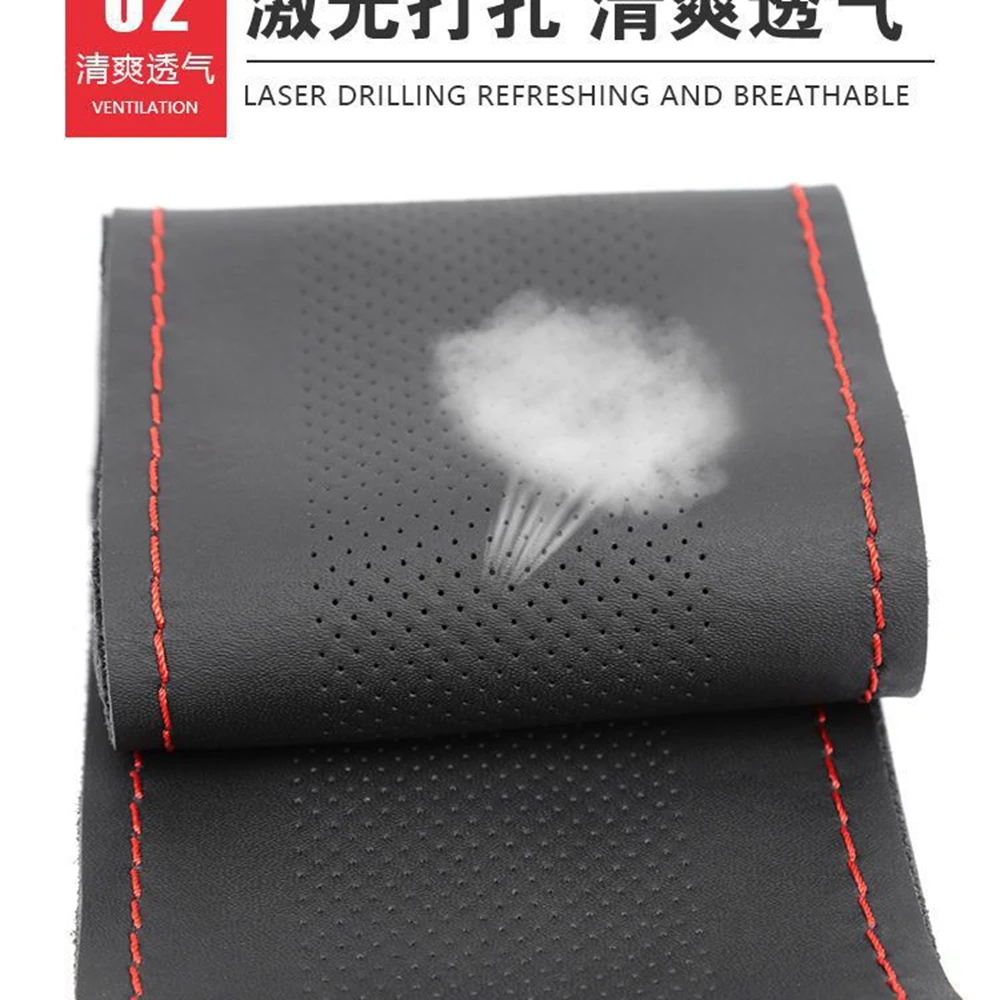 New 38cm 15inch Punched Holes Leather Car Steering Wheel Braid Cover Hand-stitched Soft Non-slip Auto Interior Car Products