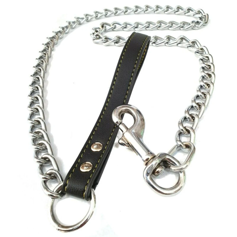 Metal Chain Dog Leash Leather Handle dog collar Dog walking rope Pets Supplies Durable strong control