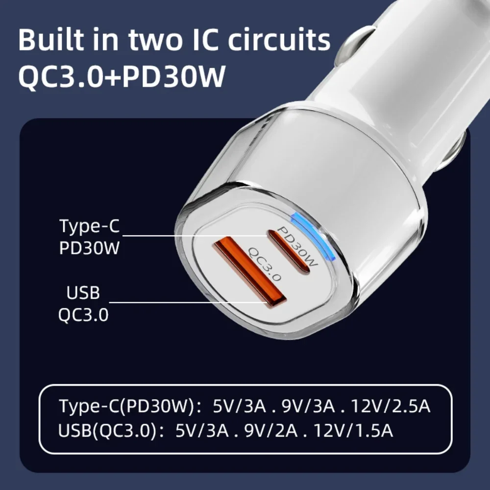 

USB Car Charger Fast Charging 30W PD Type C Quick Charge USB C Car Phone Charger 12v 24v For iPhone 16 15 14 13 12 Xiaomi 13 12