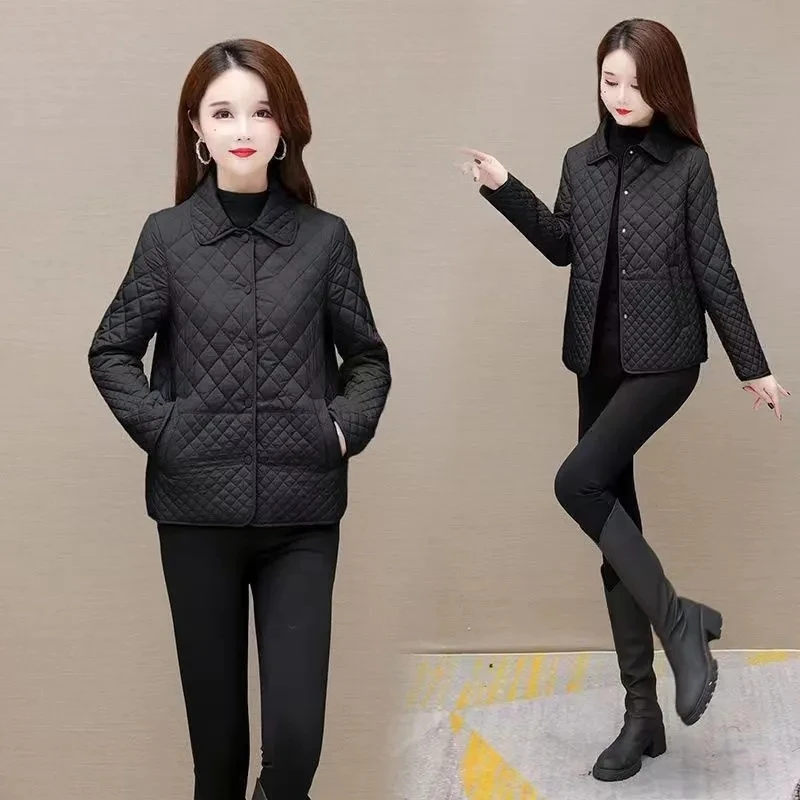 2023 New Diamond Grid Lightweight Cotton Coat Women Autumn Winter Jacket Loose Short Cotton Jacket Mom Clothes Female Outerwear