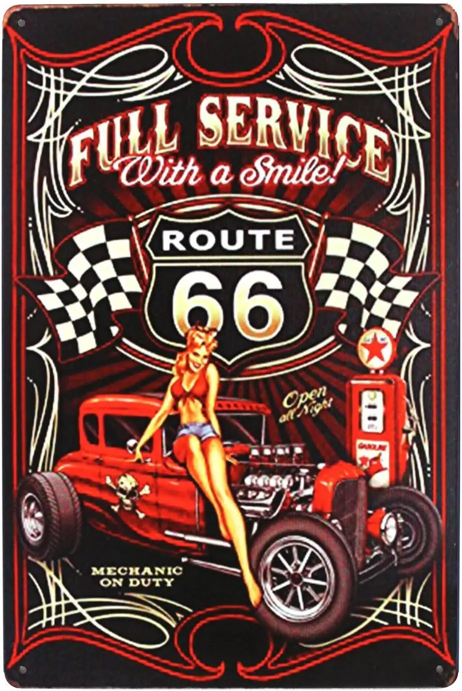 Full Service Route 66 Pin-up Girl With Smile, Metal Tin Sign, Vintage Poster Plaque Garage Home Wall Decor
