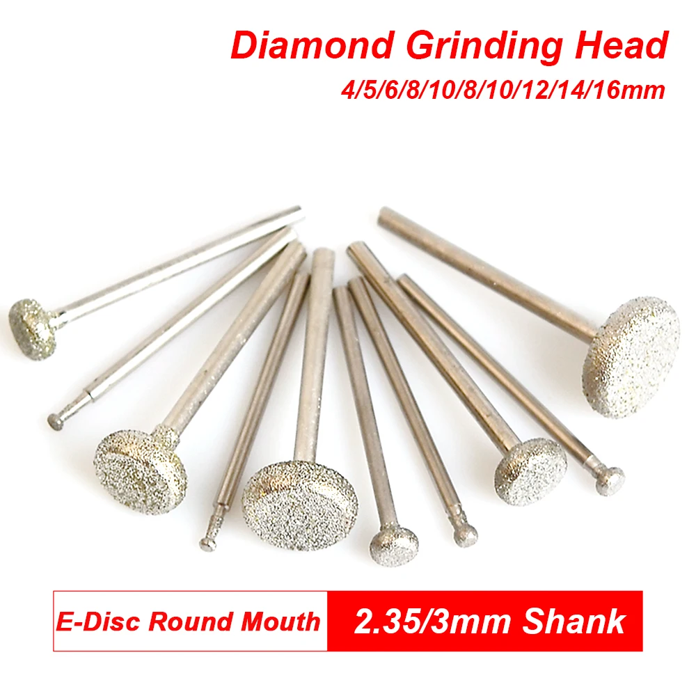 10Pcs 4 - 16mm Round Mouth Diamond Grinding Head Mounted Point Bits Burr Polishing Abrasive Tools for Stone Jade Peeling Carving