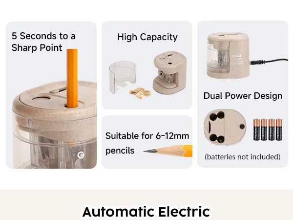 EAGLE Automatischer Elektrischer Bleistiftspitzer, 5S Schnellschärfung für 6-12mm Bleistifte Aller Formen, für Zuhause, Schule, Büro, Kunststudio – Detail 2