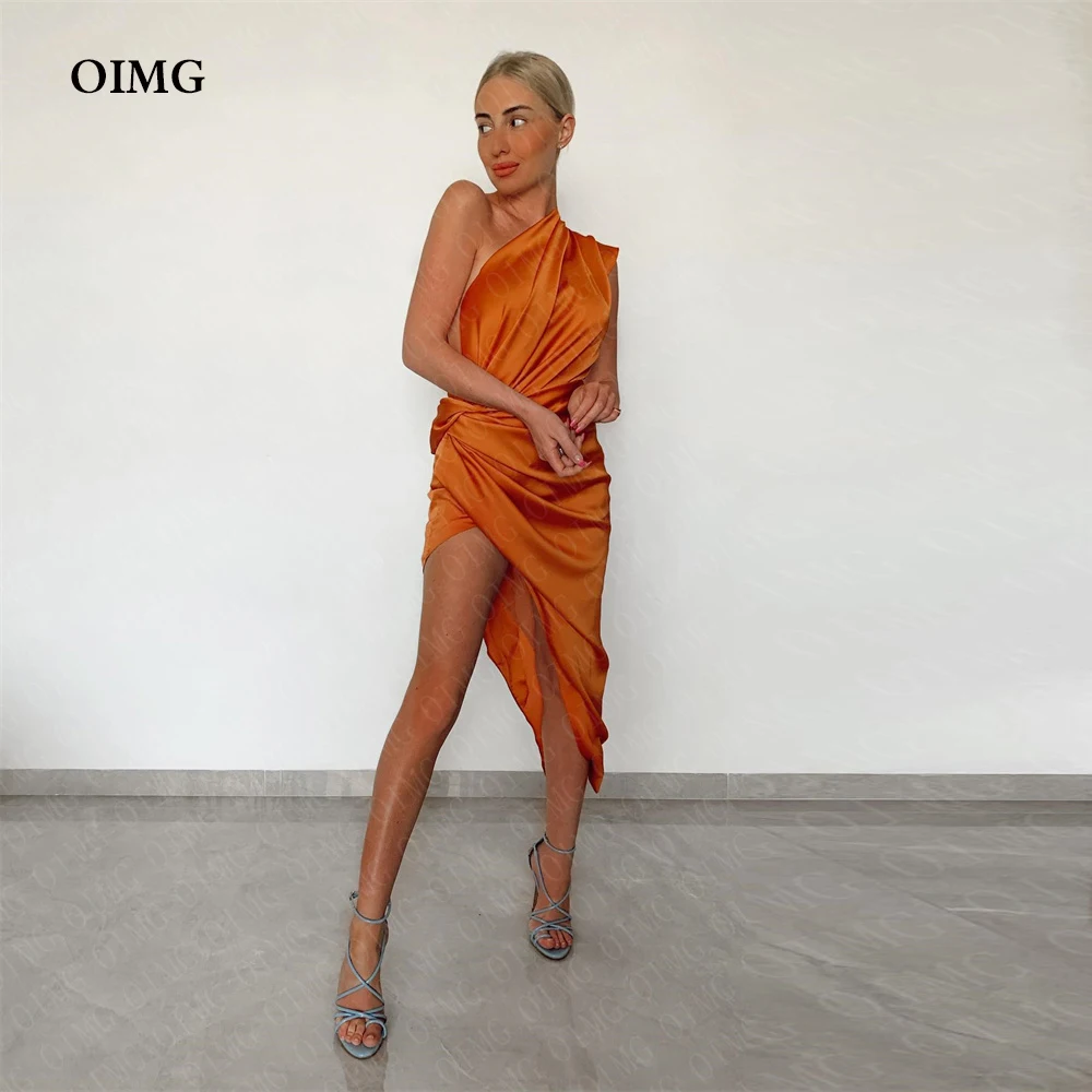 

OIMG Sexy Orange Satin Sleeveless Evening Dresses Saudi Arabic Short Prom Gowns Backless Formal Night Party Event Dress