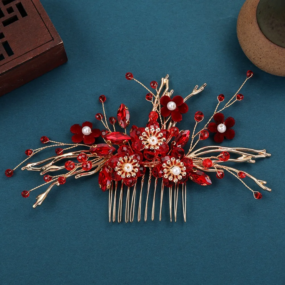 Vintage Red Florals Hair Comb Bride Tiara Headdress for Girls Pearls Hairpin Headpeices Charm Wedding accesoire cheveux mariage