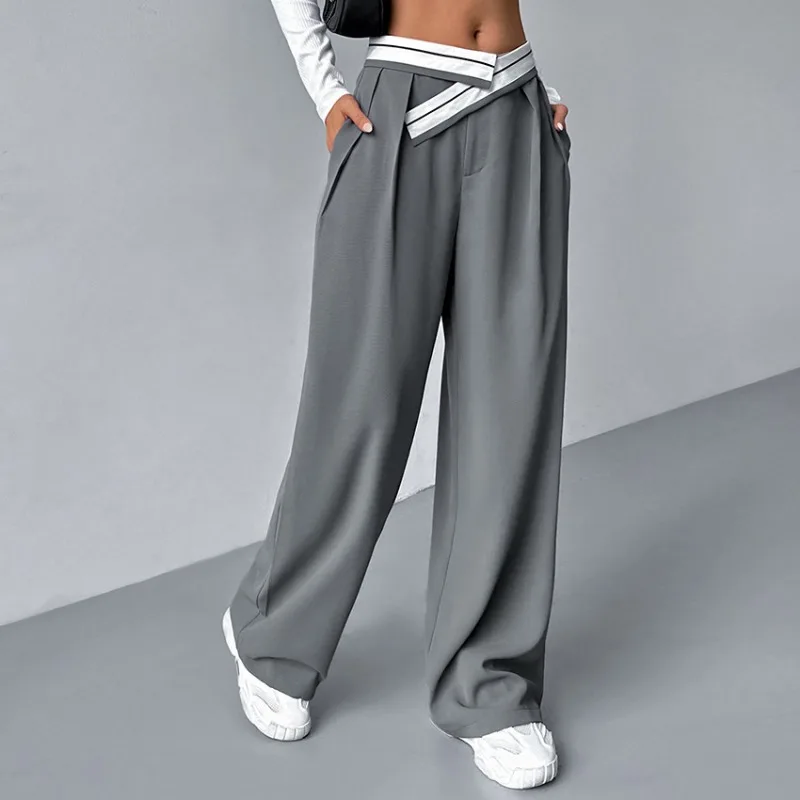 Pantalones de traje informales para mujer, Pantalón recto de cintura alta con contraste gris, temperamento para ir al trabajo, primavera, 2024