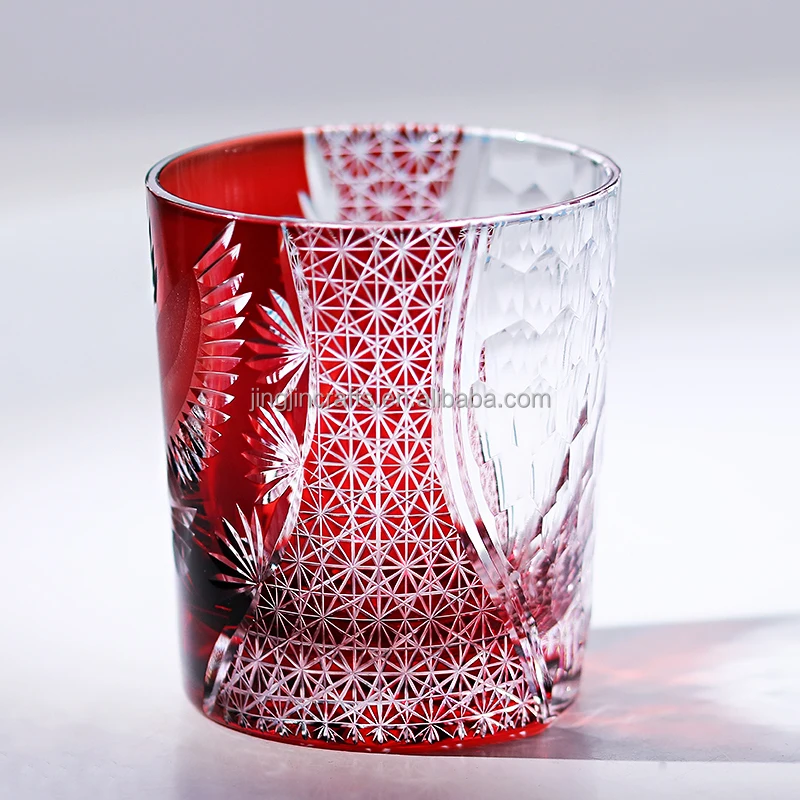 Японский стеклянный стакан для виски Edo Kiriko, 250 мл, прозрачный красный/прозрачный синий цвет, гравировка, стеклянный стиль