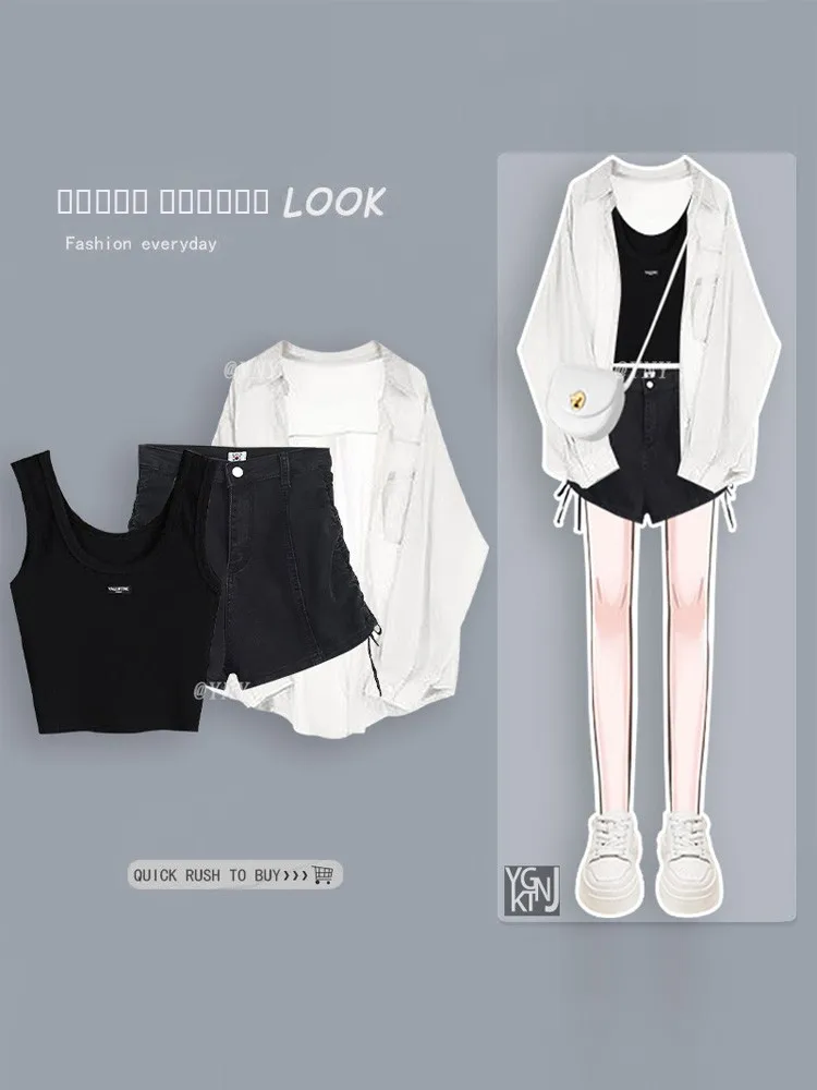 

White Sun Protection irt Women's High-End Sensation Spicy Girl Faion Vest Slimming orts Design Sense Small ence