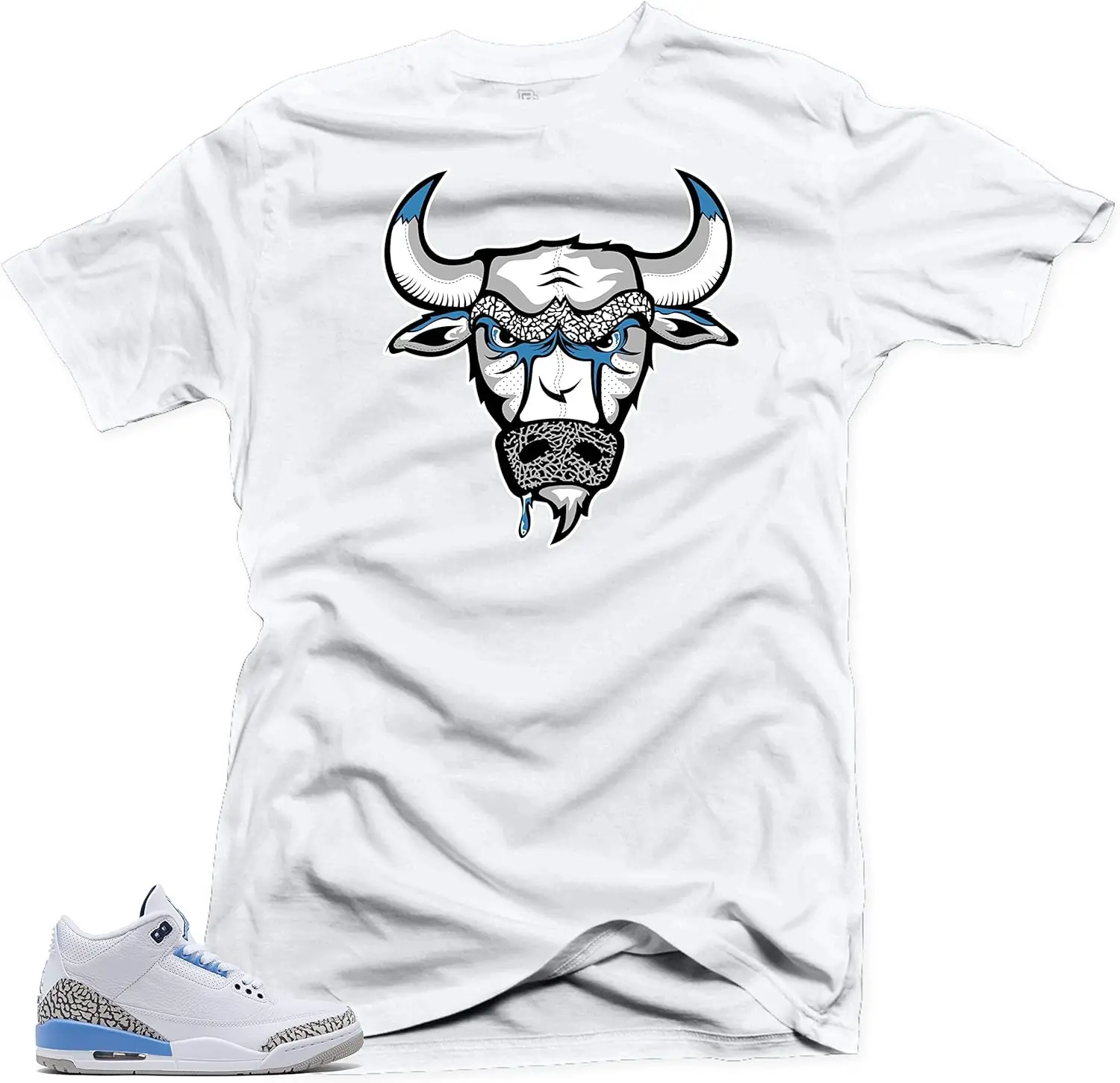 3 UNC Cement Sneaker Shirt to Match (Jordan 3 UNC Cement Sneaker Shirt to Match- Bull 3 (White), M)