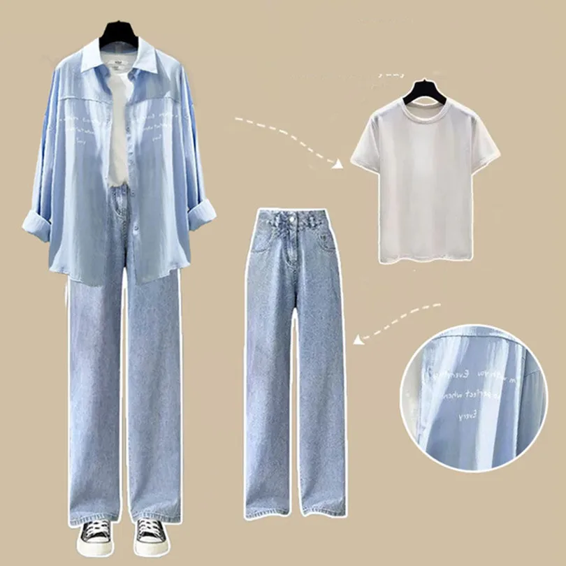 Spring Set Korean Loose Fitting Small Fresh Outerwear Shirt+T-shirt High Waisted Wide Leg Jeans Women's Three Piece Set