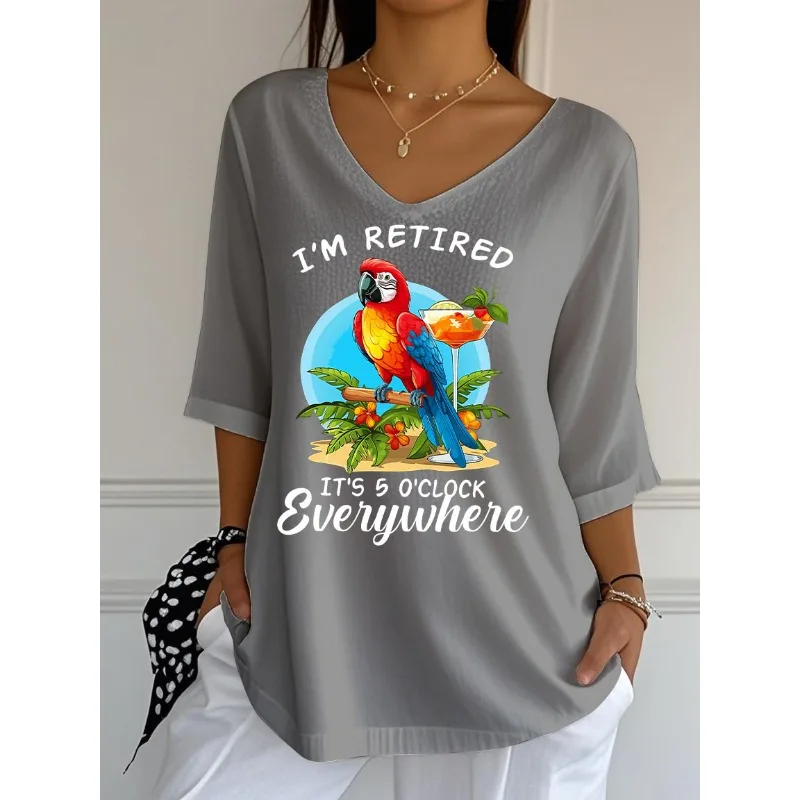 ilstile Women's Parrot Letter Print T-Shirts Summer 3/4 Sleeve Casual Loose T Shirt Fashion V Neck Tops Tees White Grey