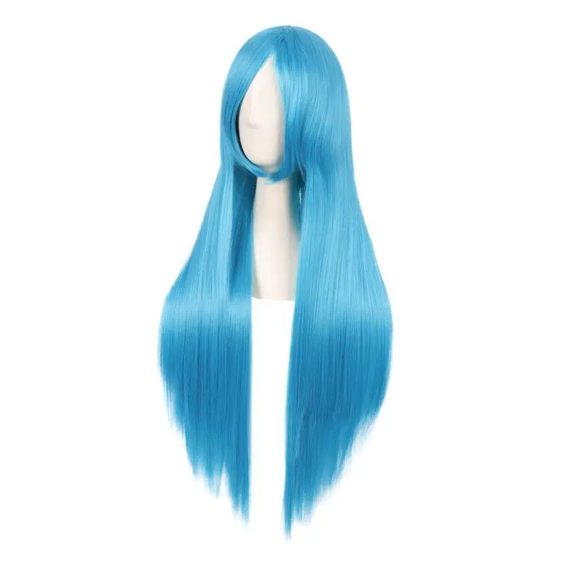 شعر مستعار Tongman cosWig لكل من الرجال والنساء، مناسب لون أزرق سماوي 80 سم شعر مستقيم طويل مع غرة Anime Universal Realistic H #4